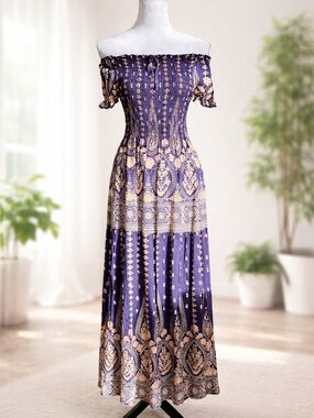 Bohemian Off-Shoulder Maxi Dress in Purple and Cream
